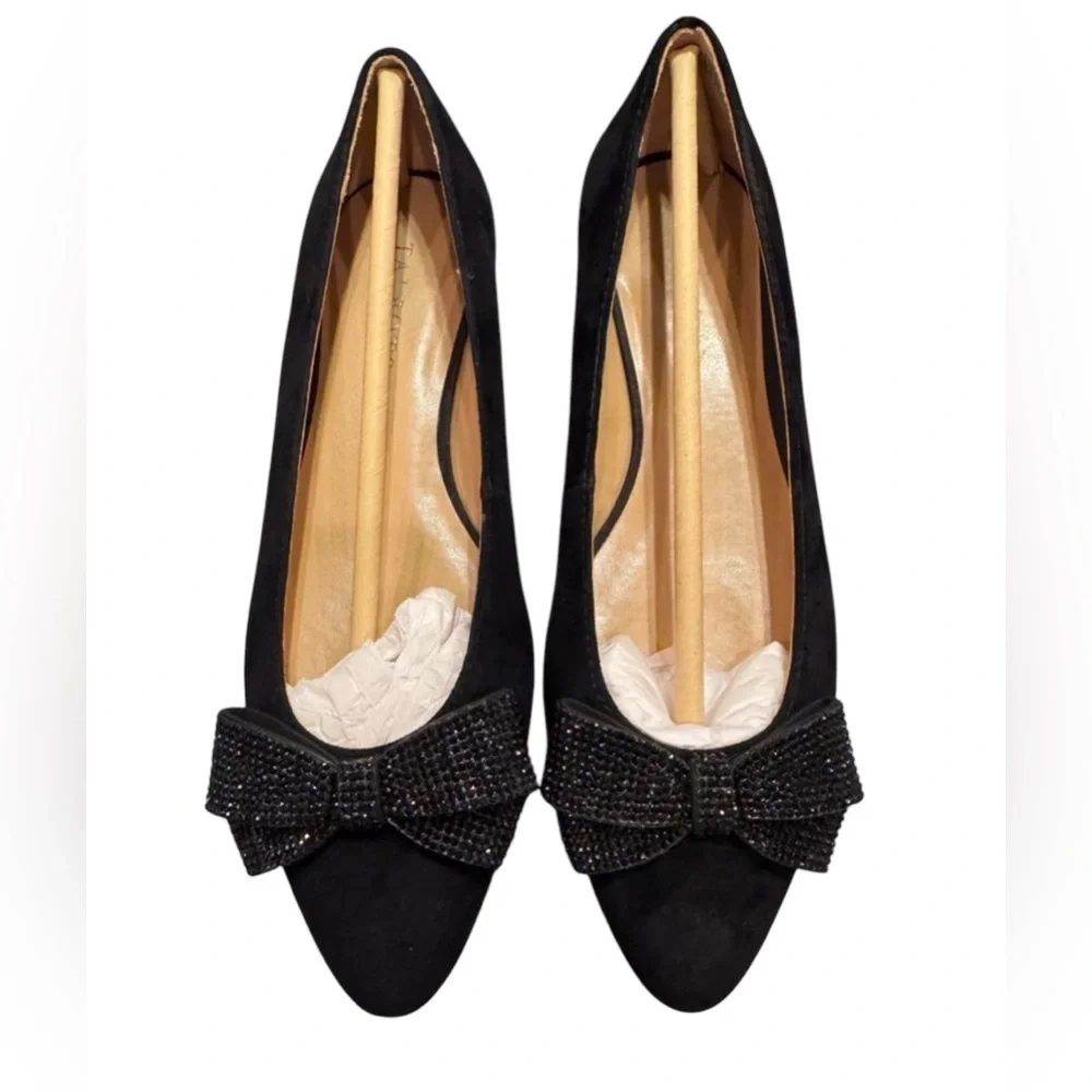 Talbots Black Edison Bow Suede Flat Women’s Shoe Sparkly Bow Sz 7.5